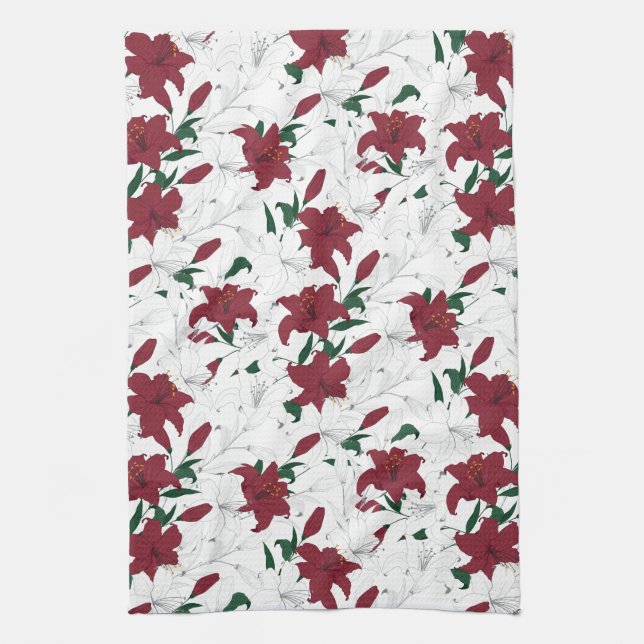 Red and White Christmas Lilies Kitchen Towel (Vertical)