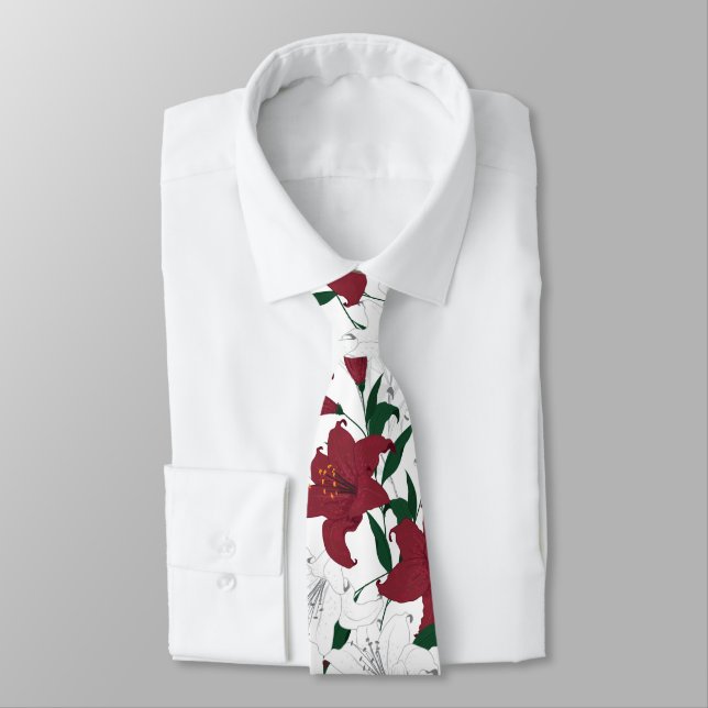 Red and White Christmas Lilies Neck Tie (Tied)
