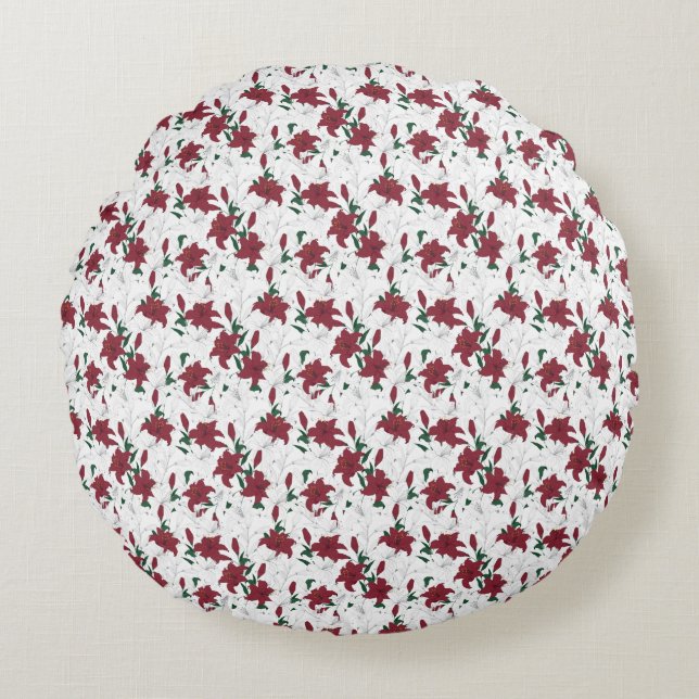 Red and White Christmas Lilies Round Pillow (Front)