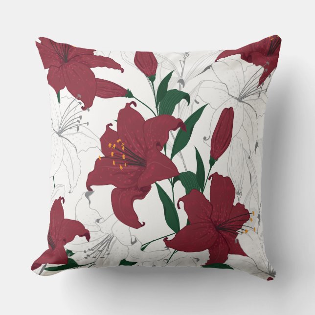 Red and White Christmas Lilies Throw Pillow (Front)