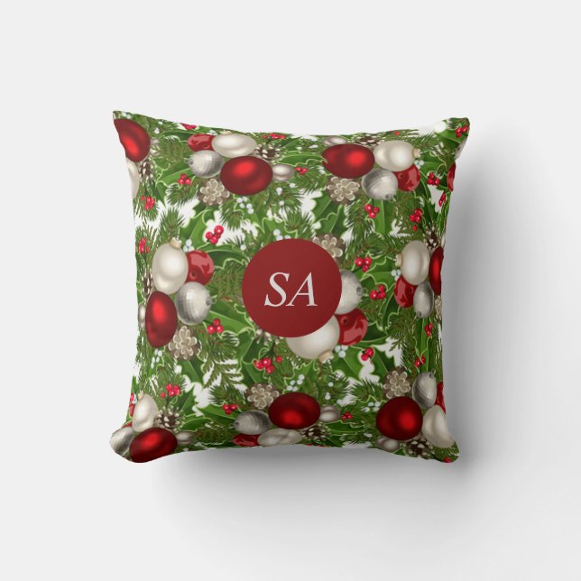 Red and White Christmas Ornaments, Christmas Holly Throw Pillow (Front)