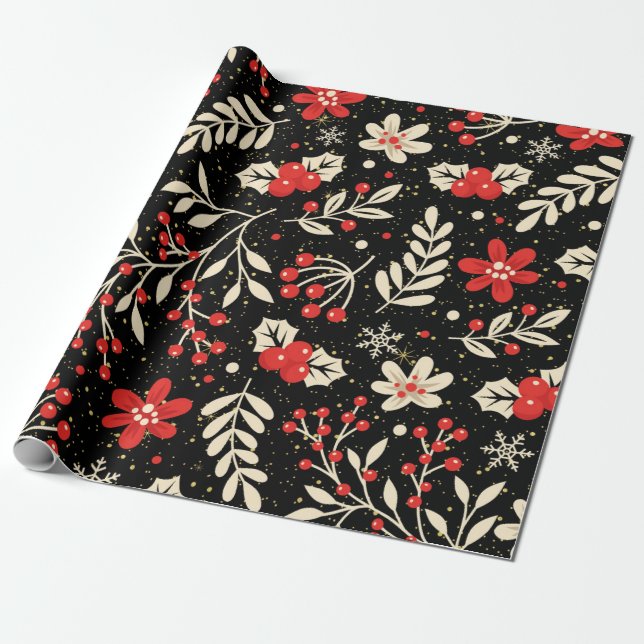 Red and white Christmas pattern on black Wrapping Paper (Unrolled)