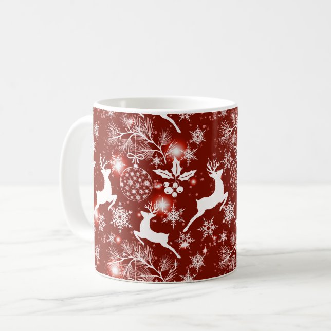 Red and white Christmas pattern with reindeer Coffee Mug (Front Left)