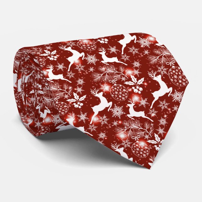 Red and white Christmas pattern with reindeer Neck Tie (Rolled)
