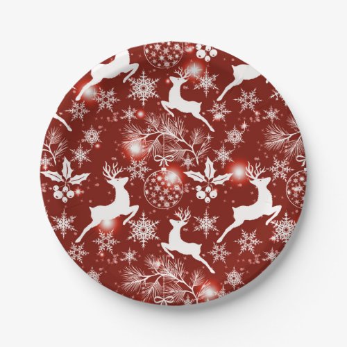 Red and white Christmas pattern with reindeer Paper Plates
