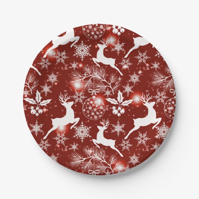Red and white Christmas pattern with reindeer Paper Plates (Front)