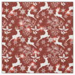 Red and white Christmas pattern with reindeer, sno Fabric