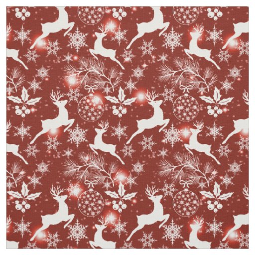 Red and white Christmas pattern with reindeer, sno Fabric