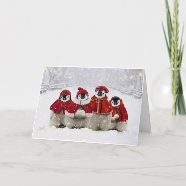 Red and White Christmas Penguins Design Holiday Card (Front)