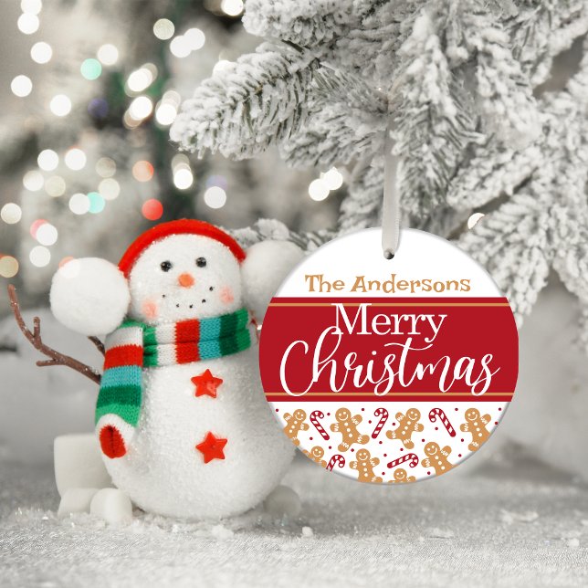 Red and White Christmas Personalized Gingerbread Glass Ornament (Merry Christmas Personalized Glass Tree Decoration)