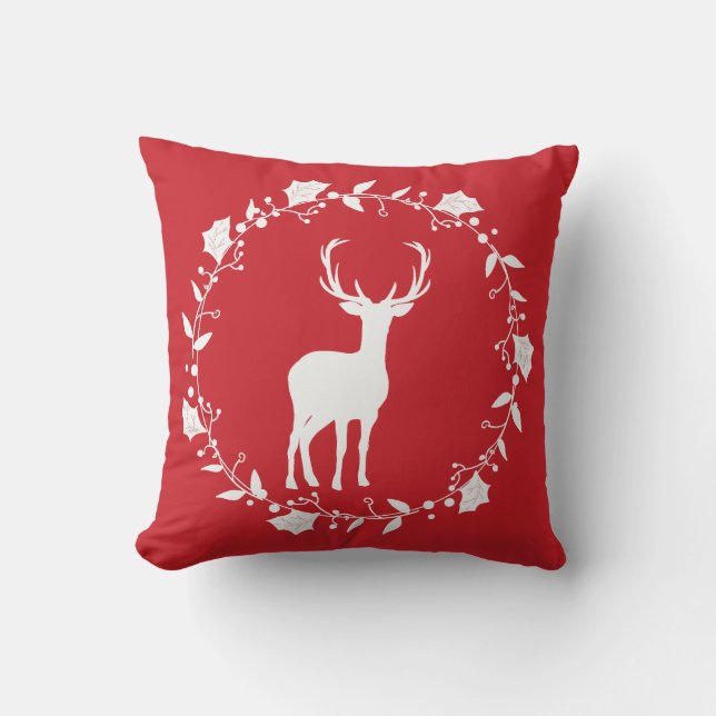 Red and White Christmas Pillow with Stag (Front)