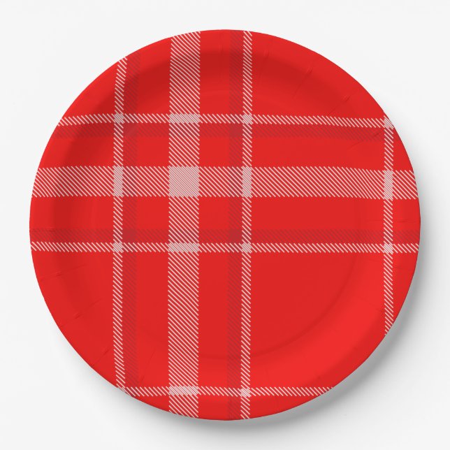 Red and White Christmas Plaid Festive Paper Plates (Front)