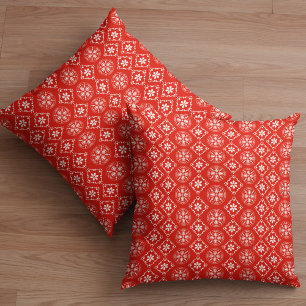 Red and White Christmas Snowflake Pattern Throw Pillow