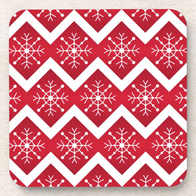 Red and White Christmas Snowflakes Chevron Pattern Beverage Coaster (Front)