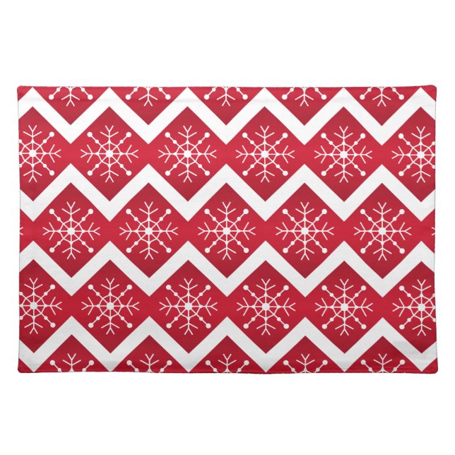 Red and White Christmas Snowflakes Chevron Pattern Cloth Placemat (Front)