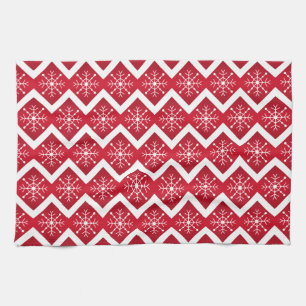 Red and White Christmas Snowflakes Chevron Pattern Kitchen Towel