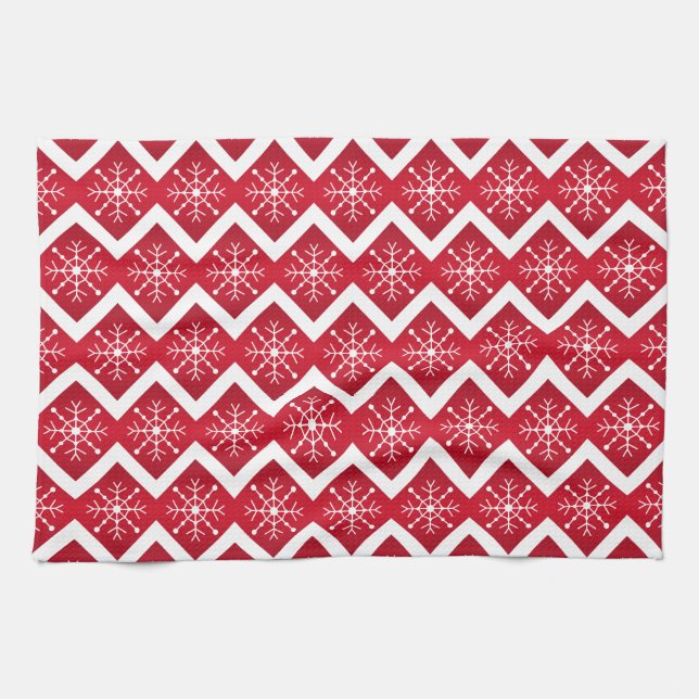 Red and White Christmas Snowflakes Chevron Pattern Kitchen Towel (Horizontal)