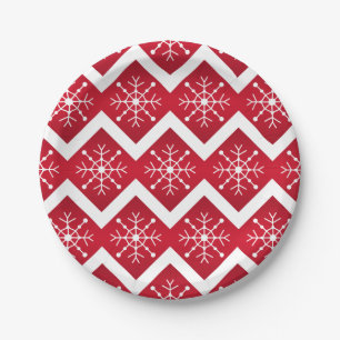 Red and White Christmas Snowflakes Chevron Pattern Paper Plates