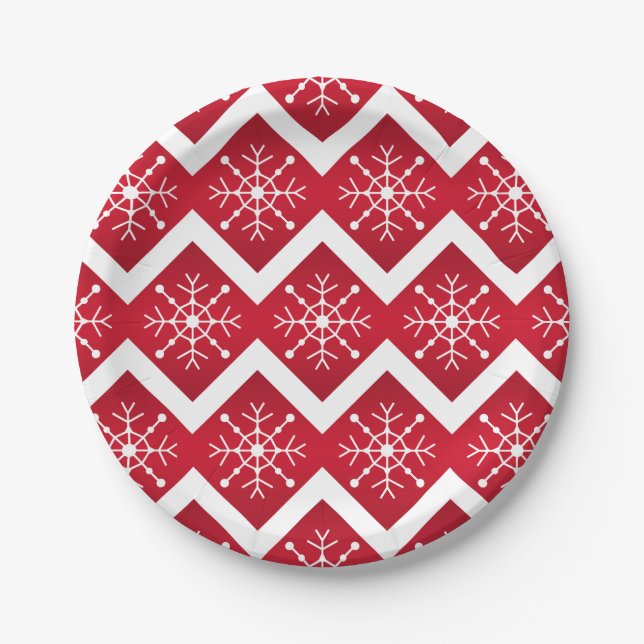 Red and White Christmas Snowflakes Chevron Pattern Paper Plates (Front)