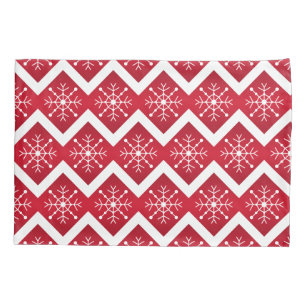 Red and White Christmas Snowflakes Chevron Pattern Pillow Case