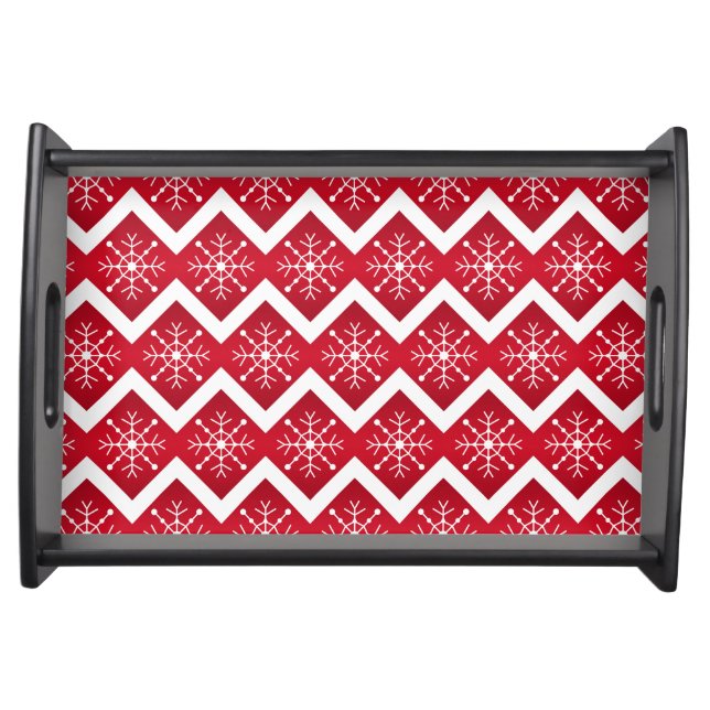 Red and White Christmas Snowflakes Chevron Pattern Serving Tray (Front)
