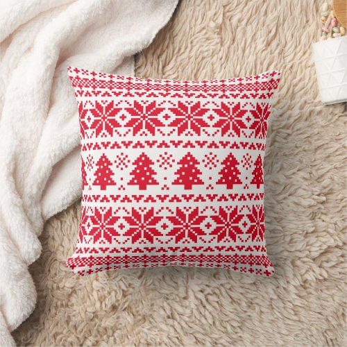 Red and White Christmas Sweater Pattern Throw Pillow