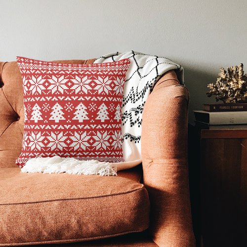 Red and White Christmas Sweater Pattern Throw Pillow