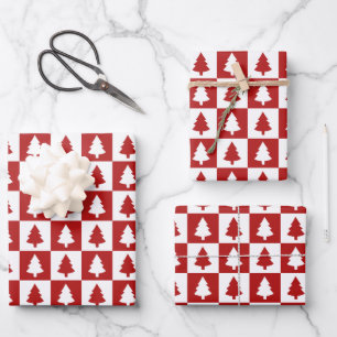 Red and White Christmas Tree Pattern Wrapping Paper Sheets
