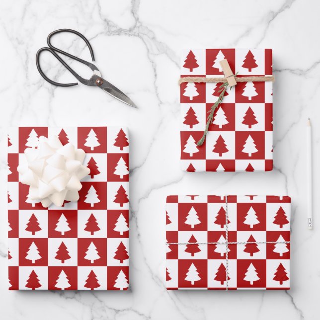 Red and White Christmas Tree Pattern Wrapping Paper Sheets (Front)