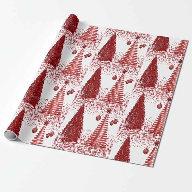Red and White Christmas Tree Snowflakes Wrapping Paper (Unrolled)