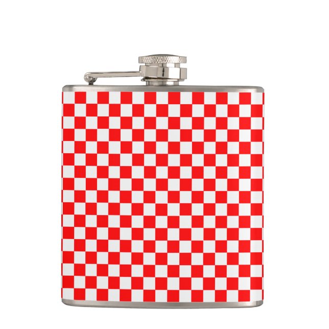 Red and White Classic Checkerboard by STaylor Hip Flask (Front)