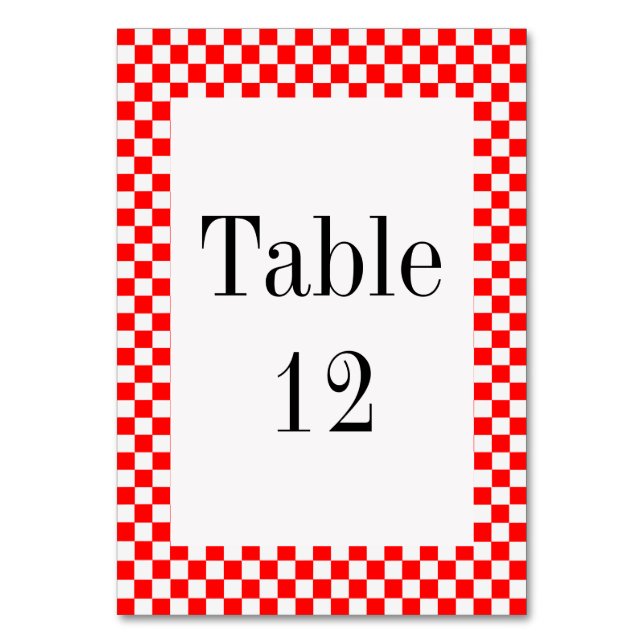 Red and White Classic Checkerboard by STaylor Table Number (Front)