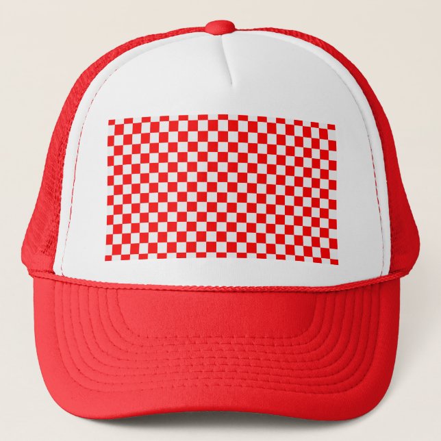 Red And White Classic Checkerboard Trucker Hat (Front)