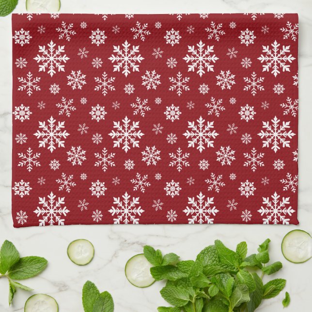 Red And White Classic Holiday Snowflake Pattern Kitchen Towel (Folded)