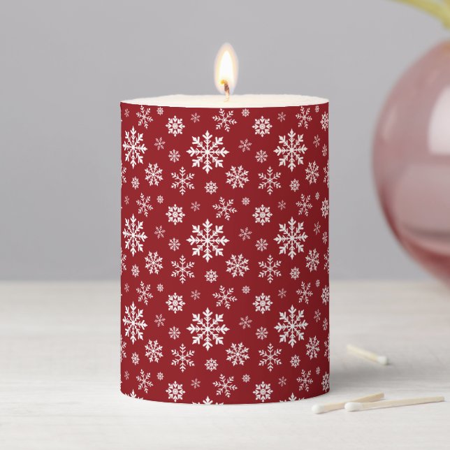 Red And White Classic Holiday Snowflake Pattern Pillar Candle (In Situ)