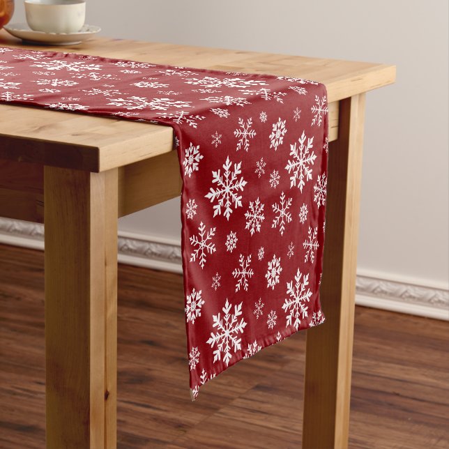 Red And White Classic Holiday Snowflake Pattern Short Table Runner (In Situ)