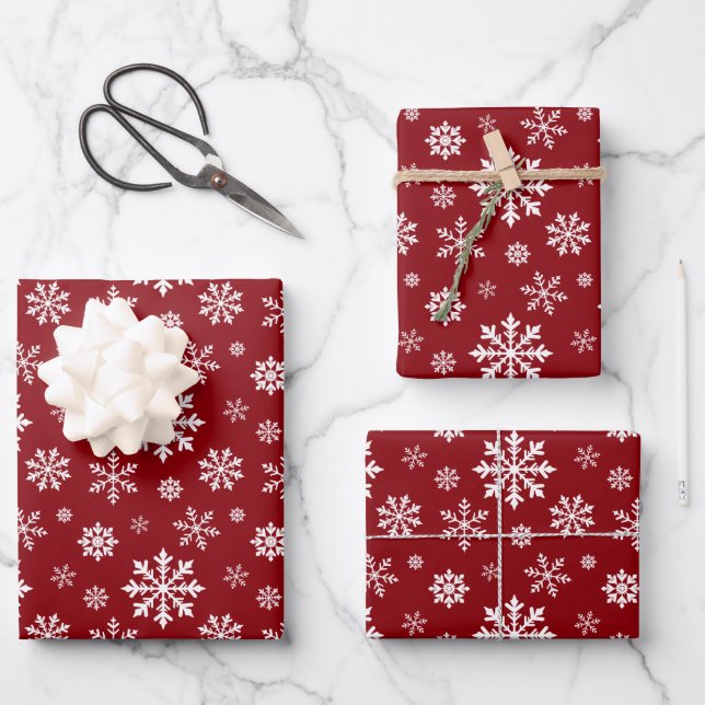 Red And White Classic Holiday Snowflake Pattern Wrapping Paper Sheets (Front)