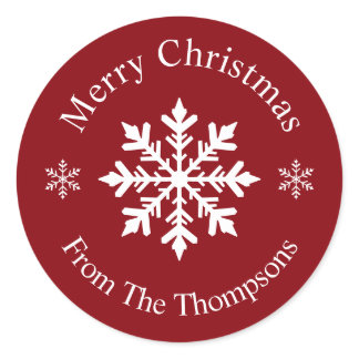 Red And White Classic Snowflake Merry Christmas Round Sticker