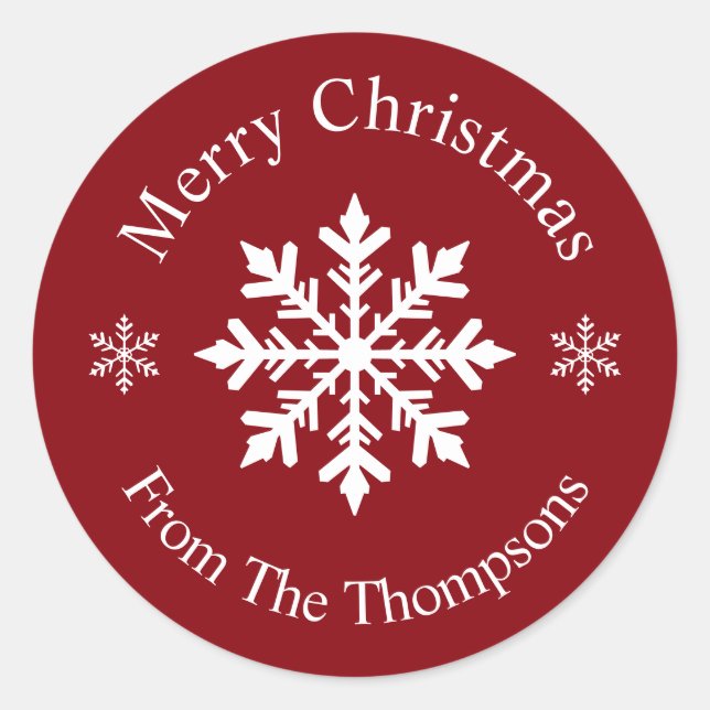 Red And White Classic Snowflake Merry Christmas Round Sticker (Front)