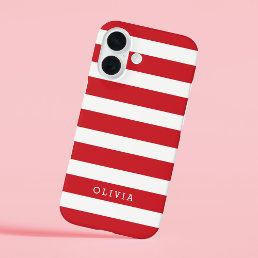 Red and White Classic Stripes Monogram iPhone 16 Case