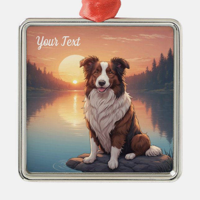 Red and White Collie by Lake Metal Ornament (Front)