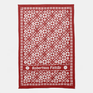 Red and White Country Classic Retro Flower Checks Towel