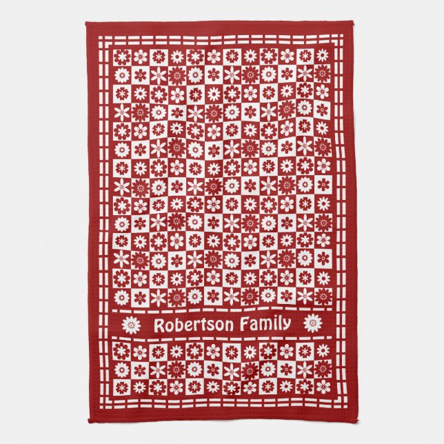 Red and White Country Classic Retro Flower Checks Towel (Vertical)