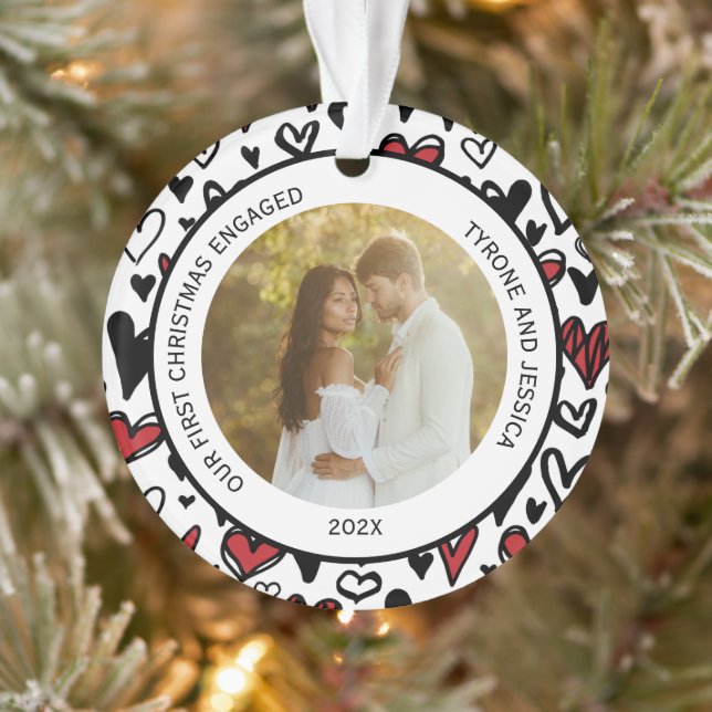 Red and White Couples First Christmas Engaged  Ornament (Tree)