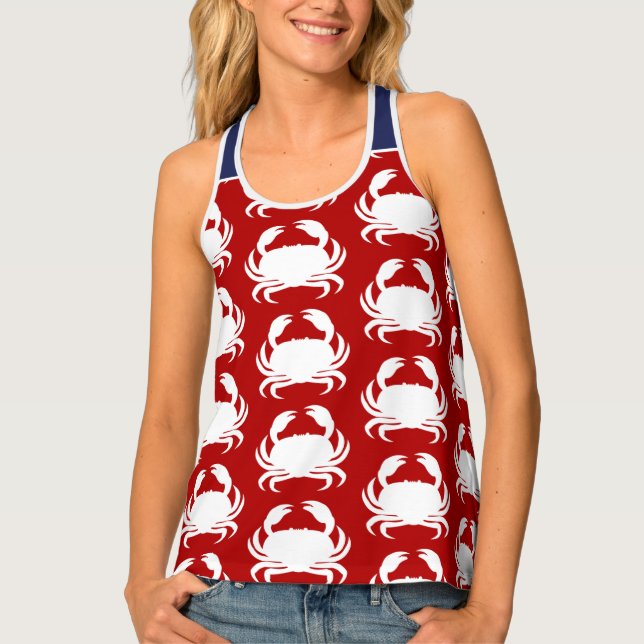 Red and White Crab Pattern Nautical Boating Tank T (Front)