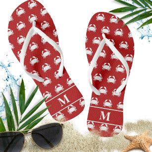 Red and White Crab Pattern Nautical Personalize Flip Flops