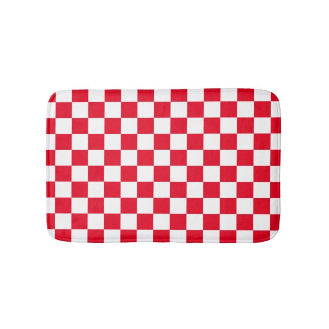 Red and White Croatian Checkered Geometric Pattern Bath Mat (Front)