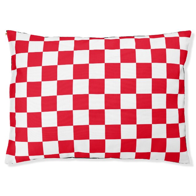 Red and White Croatian Checkered Geometric Pattern Pet Bed (Front)