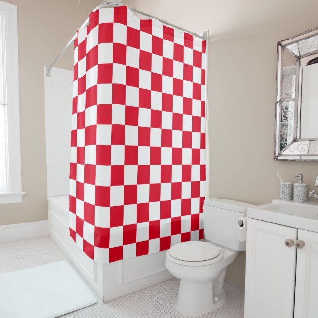Red and White Croatian Checkered Geometric Pattern Shower Curtain (In Situ)