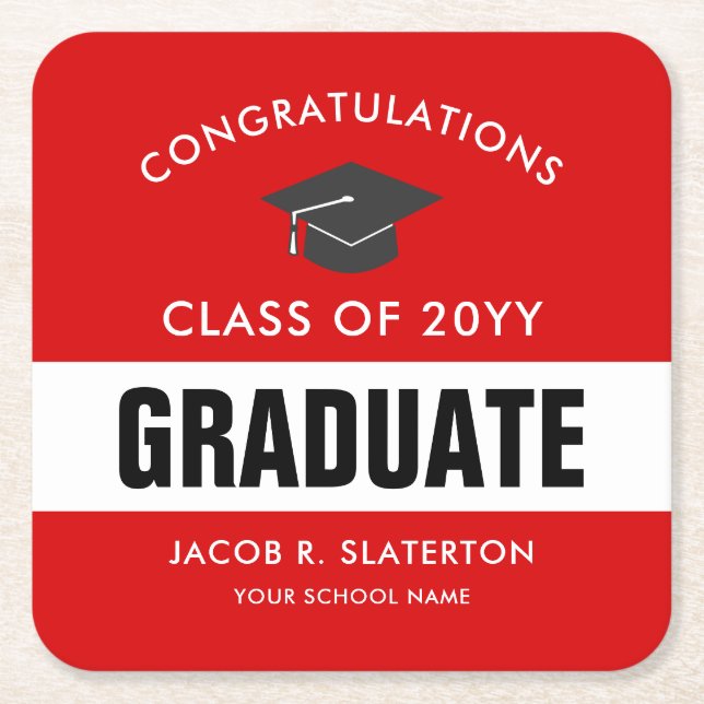 Red and White Custom Graduation  Square Paper Coaster (Front)